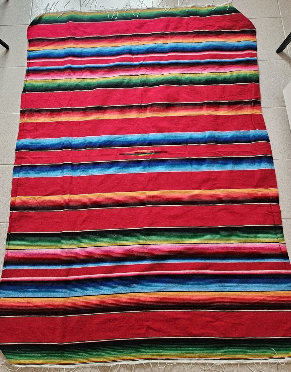 Genuine Mexican Wool Serape Blanket Woven Bright Red Striped 84 x 60 Southwest
